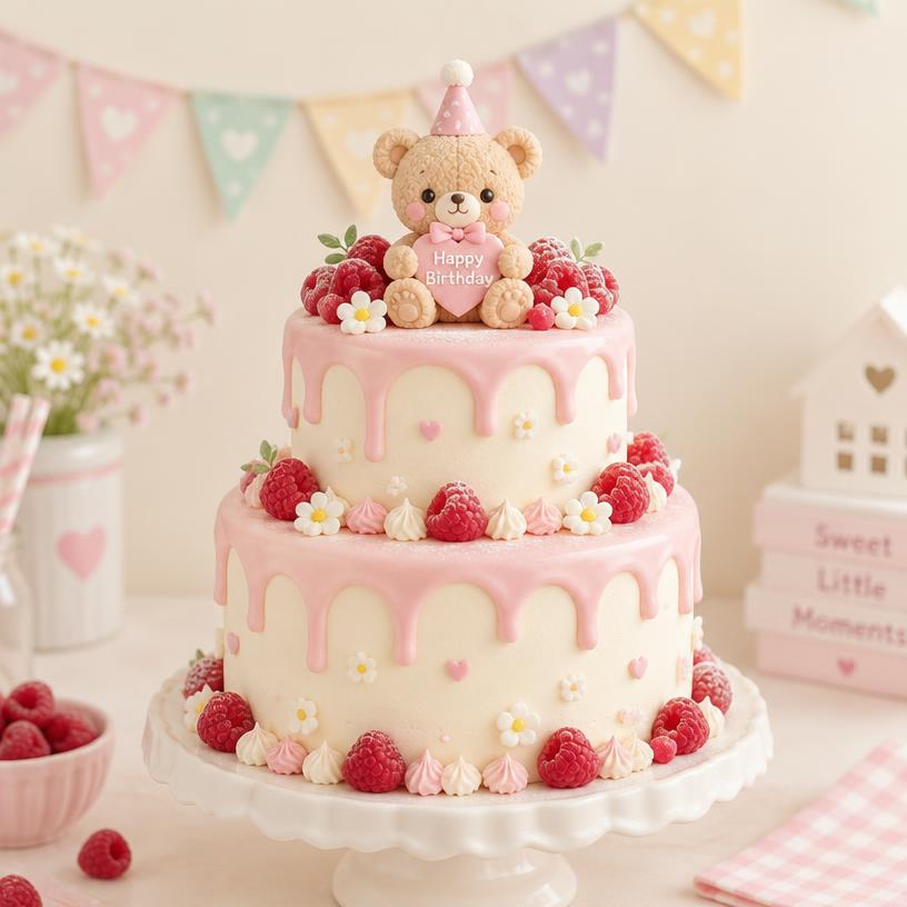 Roze stapeltaart met beertje en frambozen
