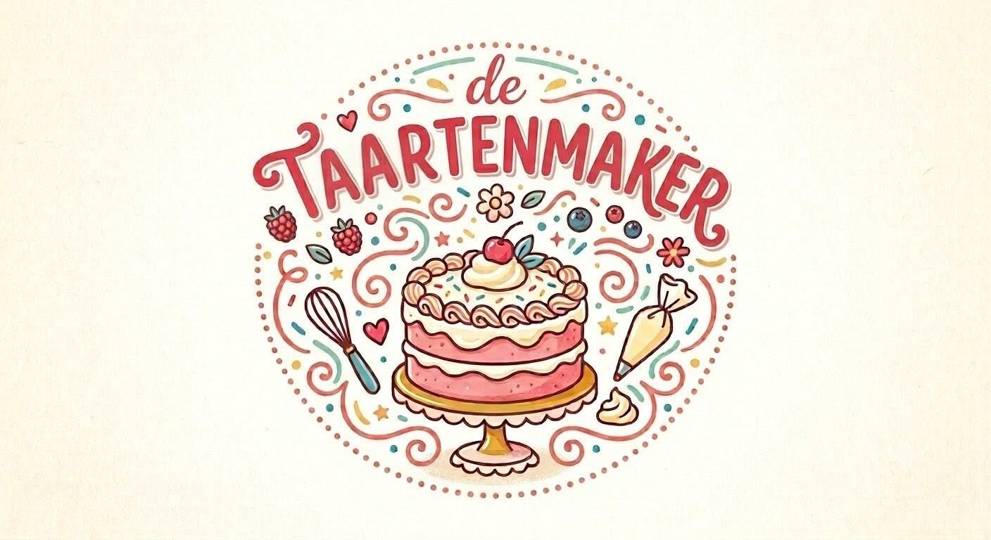 De Taartenmaker — handgetekend logo met roze taart